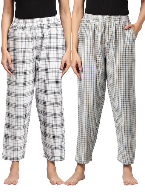 Kryptic White & Blue Cotton Checks Lounge Pants (Pack Of 2)-picture-15