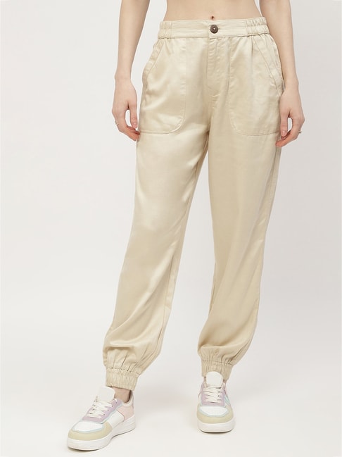 MADAME Beige Cotton Regular Fit Mid Rise Joggers