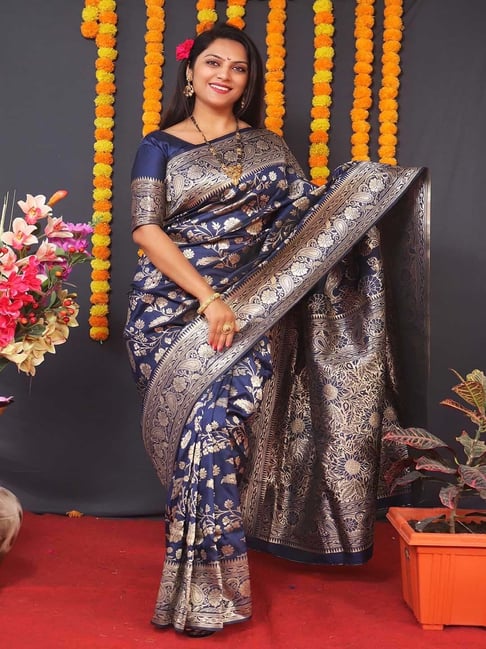SHUBHKALA Navy Silk Woven Saree With Unstitched Blouse