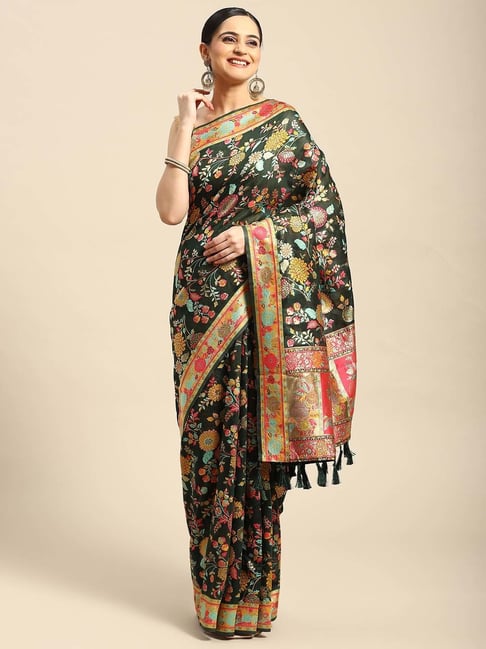 Silk Land Green Woven Saree With Unstitched Blouse