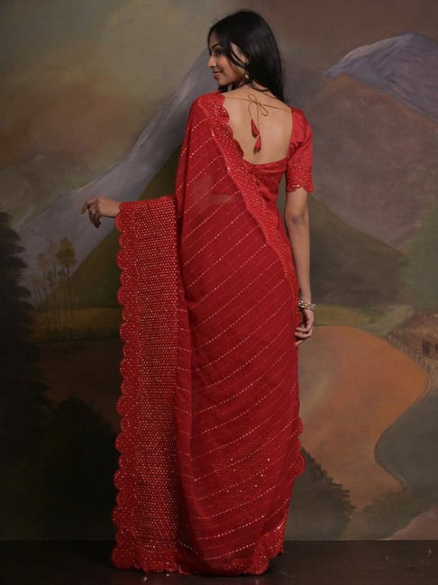 Saree Mall Red Embellished Saree With Unstitched Blouse