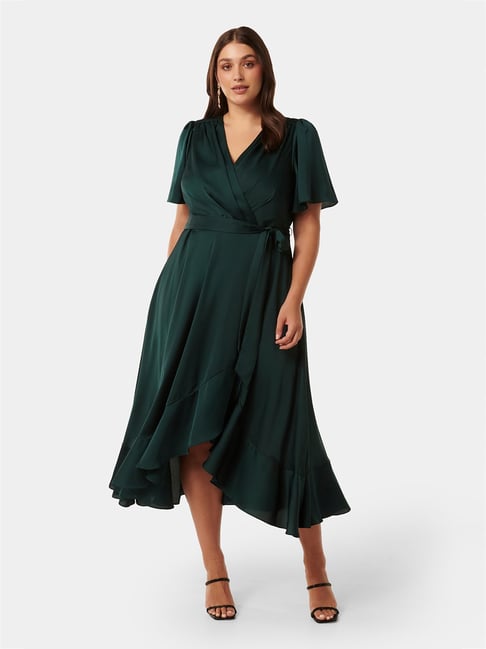Forever New Sienna Curve Satin Wrap Ruffle Dress