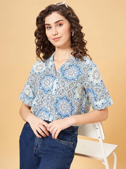 YU by Pantaloons Blue Cotton Printed Cropped Shirt-picture-42