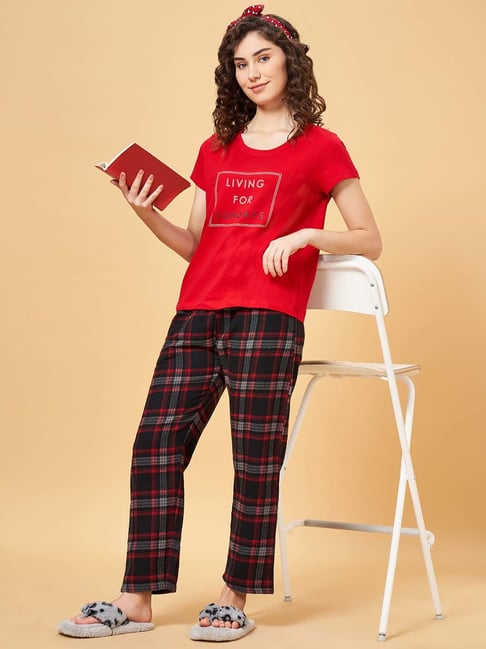 YU by Pantaloons Red & Black Cotton Printed T-Shirt Pyjamas Set-picture-30