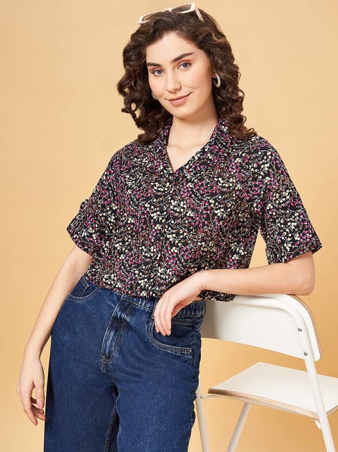 YU by Pantaloons Black Cotton Printed Top