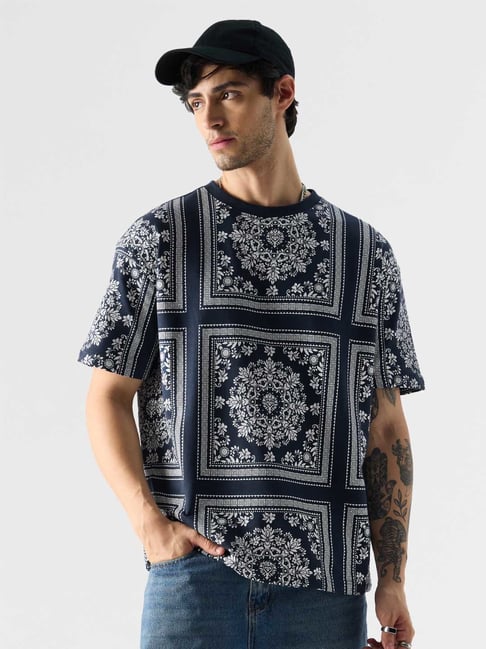 The Souled Store Originals Blue Graphic Print Oversized Fusion Bandana T-Shirt-image-3