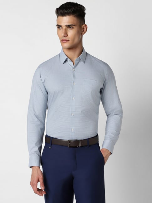 Peter England Blue Cotton Slim Fit Checks Shirt-picture-17