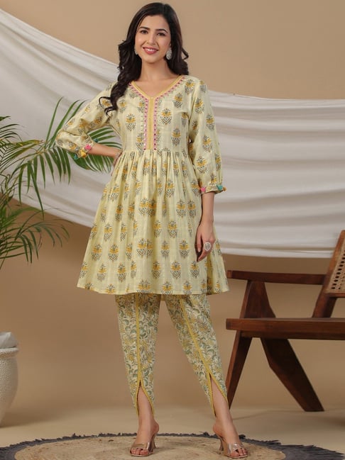 Cream Readymade Kurti with Dhoti Pant