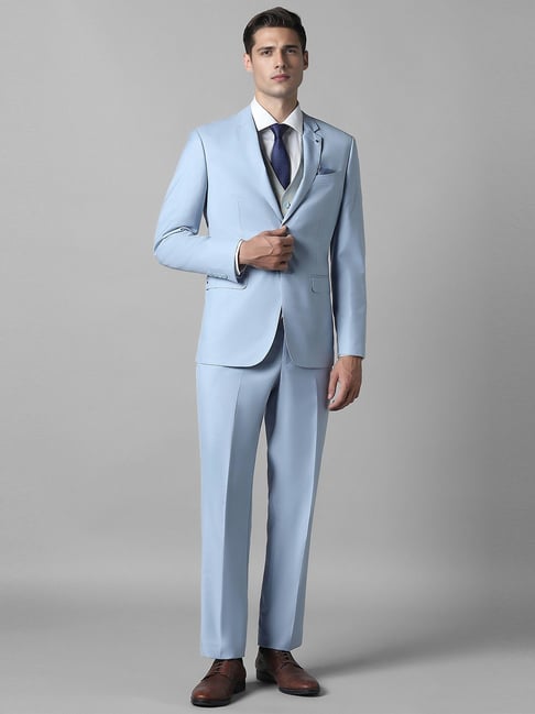 Louis Philippe Navy Slim Fit Texture Three Piece Suit