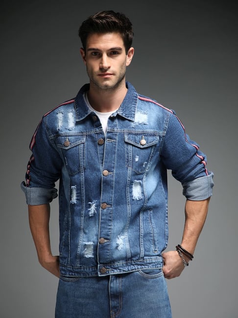 High Star Blue Cotton Regular Fit Distressed Denim Jacket-picture-16