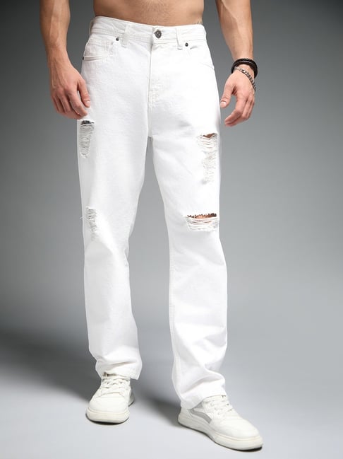 High Star White Cotton Straight Fit Distressed Jeans