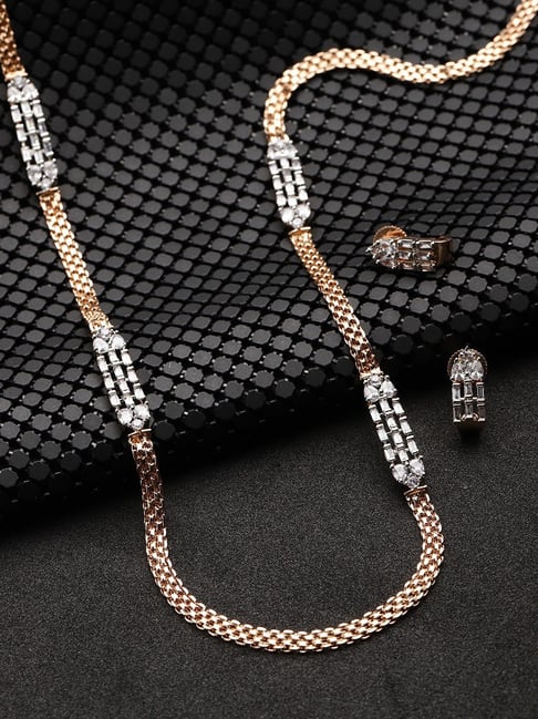 Priyaasi Rose Gold-Plated American Diamond Studded Long Chain Jewellery Set