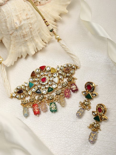 Priyaasi Multi-color Pearls Beads Stones Kundan Gold-Plated Choker Set-picture-27