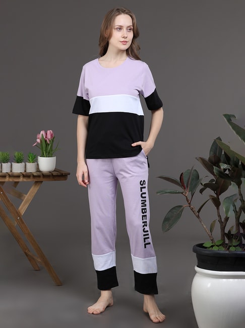 Buy Slumber Jill Purple & Black Color-Block T-Shirt With Lounge Pants for  Women's Online @ Tata CLiQ