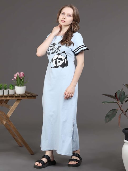 Slumber Jill Ice Blue Printed Night Dress