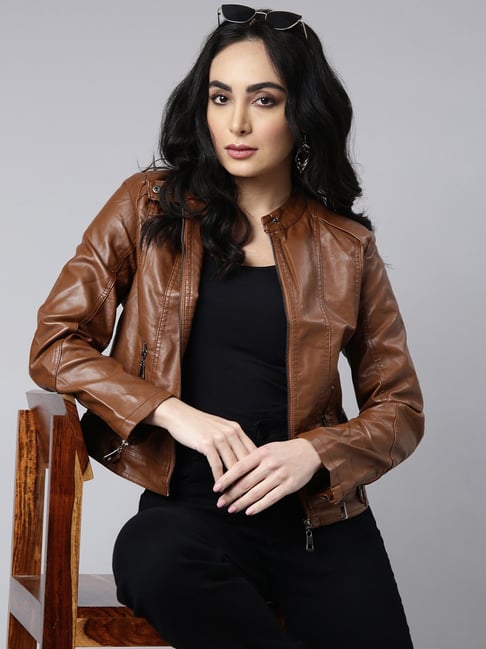 SHOWOFFFF Brown Faux leather Regular Fit Biker Jacket