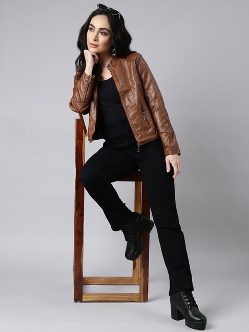 SHOWOFFFF Brown Faux leather Regular Fit Biker Jacket