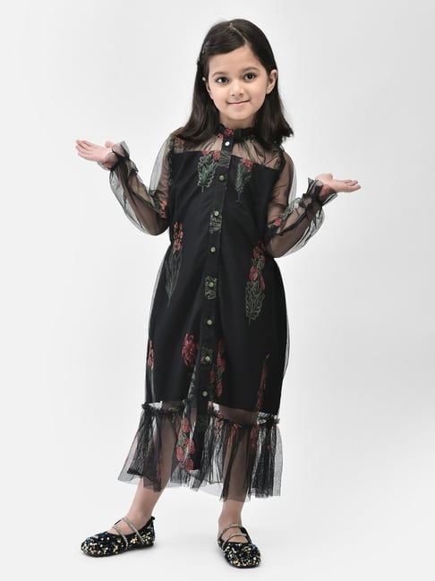 Eavan Kids Black Floral Print Full Sleeves Midi Dress-picture-39