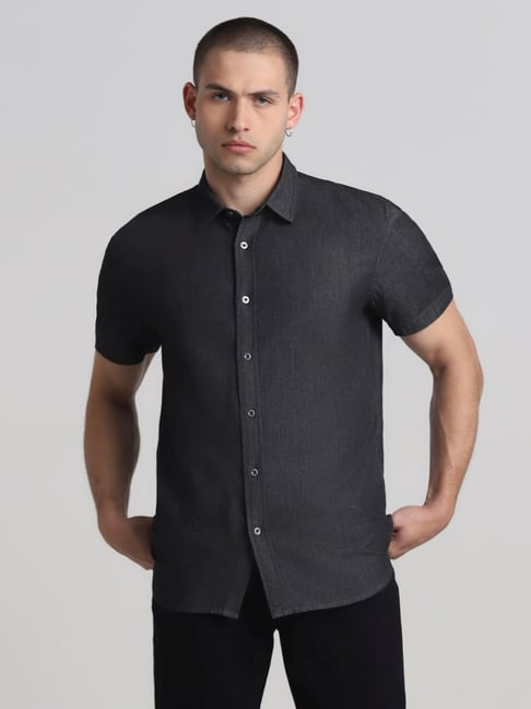 Jack Jones Black Denim Cotton Regular Fit Shirt