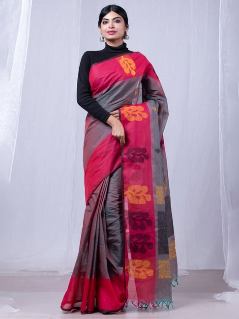 Unnati Silks Grey & Pink Cotton Striped Saree With Unstitched Blouse-picture-13