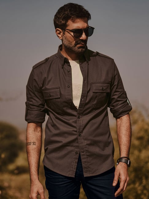 ANDAMEN Dark Brown Regular Fit Cotton Shirt-picture-16