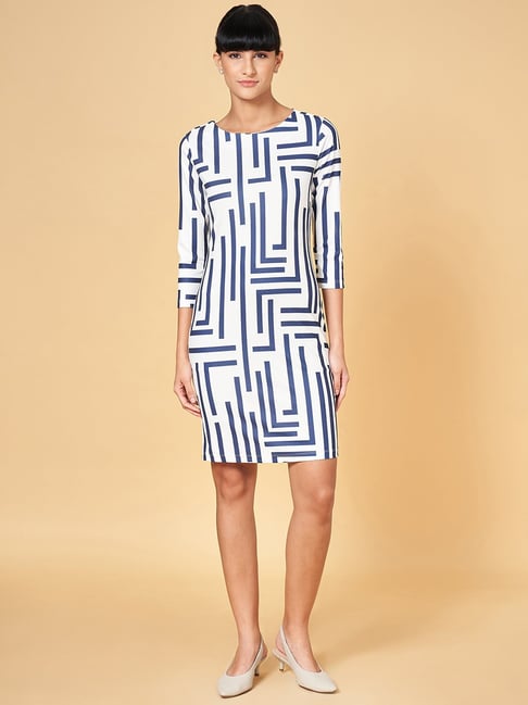 Annabelle by Pantaloons White Blue Printed Shift Dress