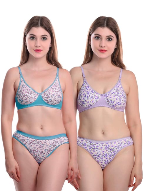 AROUSY Blue & Purple Cotton Printed Bra Panty Set - Pack Of 2-picture-39