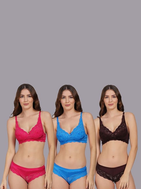 AROUSY Blue & Pink Self Pattern Bra Panty Set - Pack Of 3-picture-19