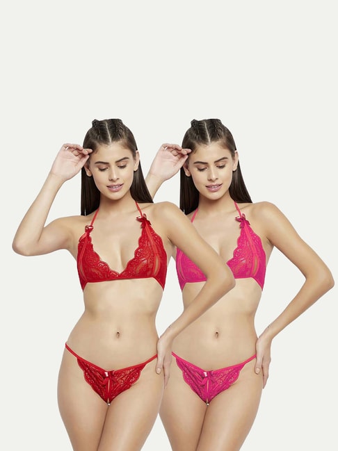 AROUSY Red & Pink Self Pattern Bikini Bra Panty Set - Set Of 2
