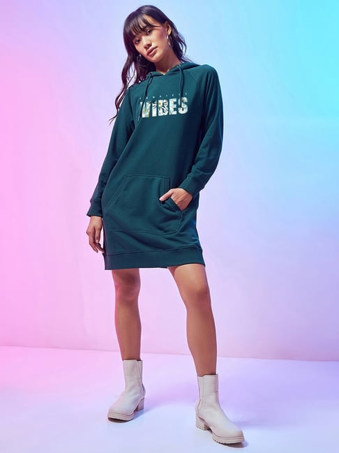Bewakoof Women's Green Tropical Vibes Graphic Printed Hoodie Dress