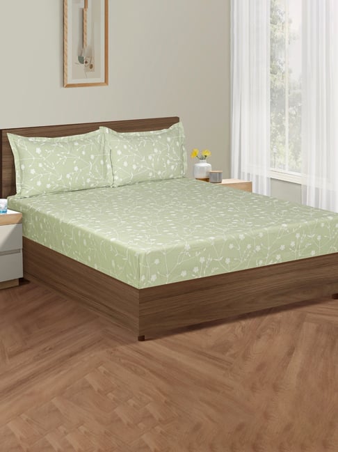 Swayam Dona Floral Pista Green 200 TC Cotton King Bedsheet with 2 Pillow Covers-picture-10