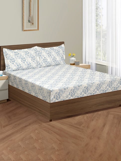Swayam Dona Floral Blue & Grey 160 TC Cotton King Fitted Fitted Bedsheet with 2 Pillow Covers-picture-46