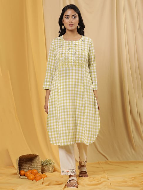 W White Cotton Check A Line Kurta