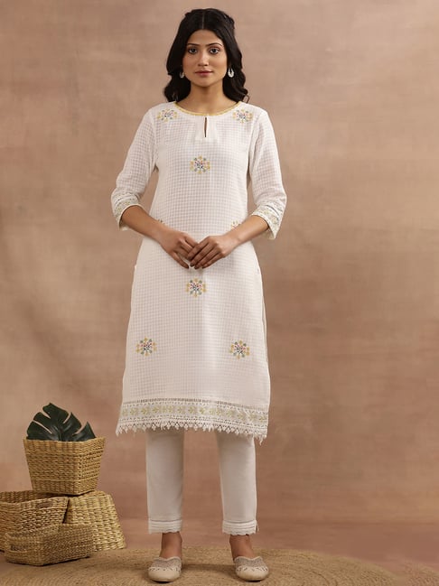 Buy W Daisy White Cotton Embroidered A Line Kurta for Women's