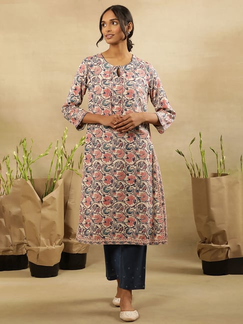 folksong W Ivory White Viscose Floral Print Straight Kurta-picture-39
