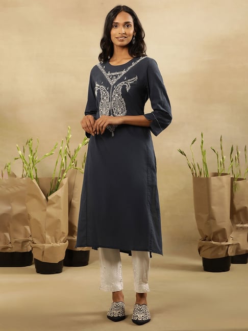 folksong W Navy Cotton Embroidered Straight Kurta-picture-10
