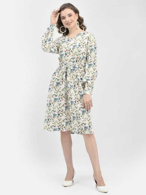 Crimsoune Club White Floral Print A Line Dress