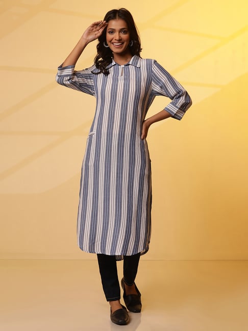 Aurelia Blue Striped Rayon Straight Kurta-picture-36