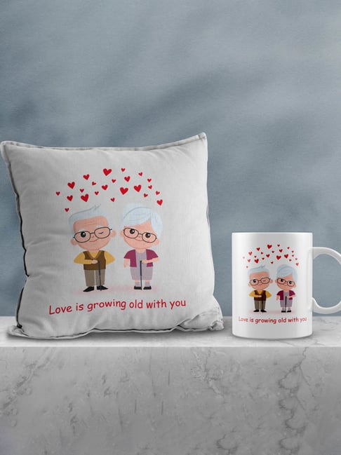 eCraftIndia Multicolor Ceramic Old Couple Hearts Print Cushion & Mug Gift Set-picture-28
