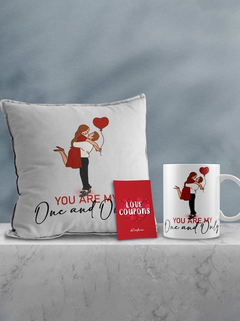 eCraftIndia Multicolor Ceramic Boy Holding Girl Up Print Cushion & Mug With Love Coupons Gift Set-picture-31