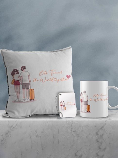 eCraftIndia Multicolor Ceramic Girl & Boy With Travel Bag Print Cushion & Mug With Keychain Gift Set-picture-11