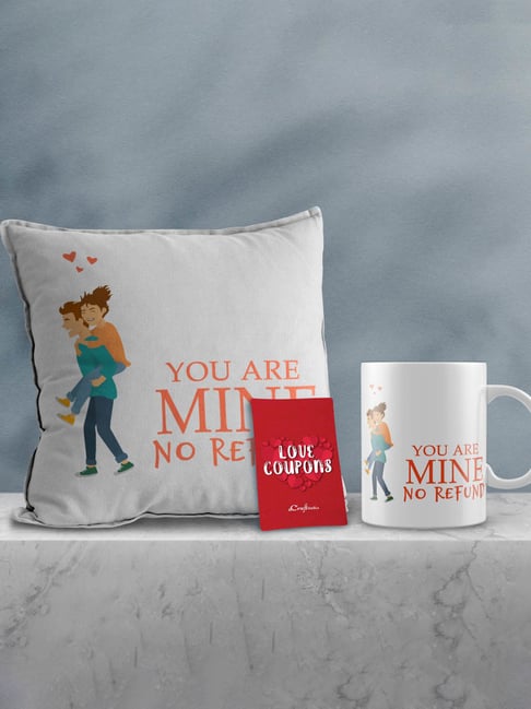 eCraftIndia Multicolor Ceramic Girl On Boys Back Print Cushion & Mug With Love Coupons Gift Set-picture-47