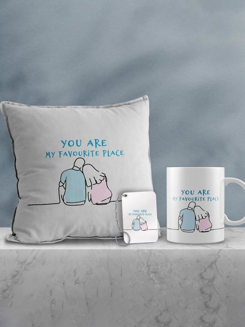 eCraftIndia Multicolor Ceramic Girl Laying Head On Boy Print Cushion & Mug With Keychain Gift Set-picture-24