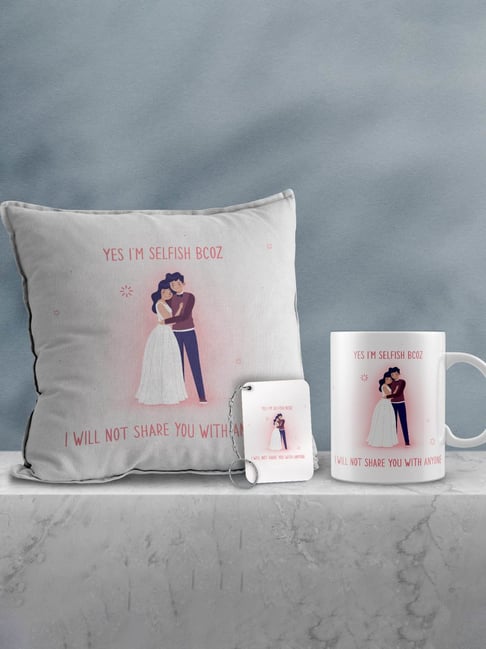 eCraftIndia Multicolor Ceramic Girl & Boy Posing Print Cushion & Mug With Keychain Gift Set-picture-15