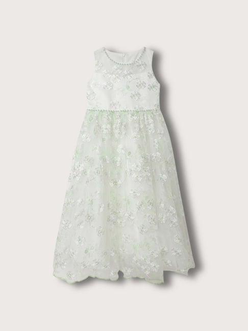Blue Giraffe Kids White & Green Embroidered Dress-picture-32