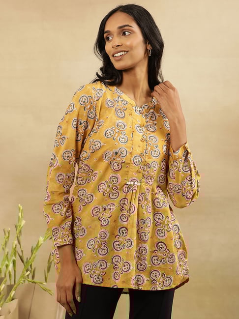 W Mustard Cotton Printed Top