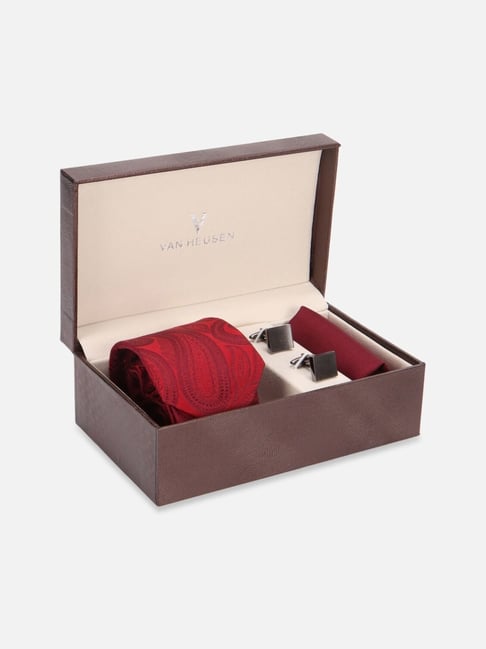 Van Heusen Red Embroidered Tie with Pocket Square & Cufflinks-picture-23