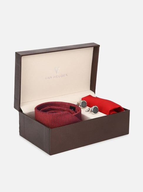 Van Heusen Red Embroidered Tie with Pocket Square & Cufflinks-picture-26