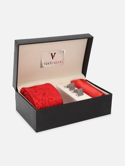 Van Heusen Red Embroidered Tie with Pocket Square & Cufflinks-picture-27