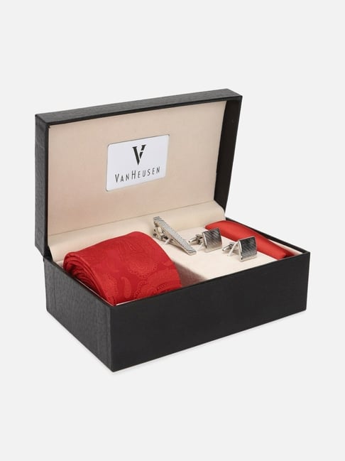 Van Heusen Red Embroidered Tie with Pocket Square, Cufflinks & Tie Pin-picture-28